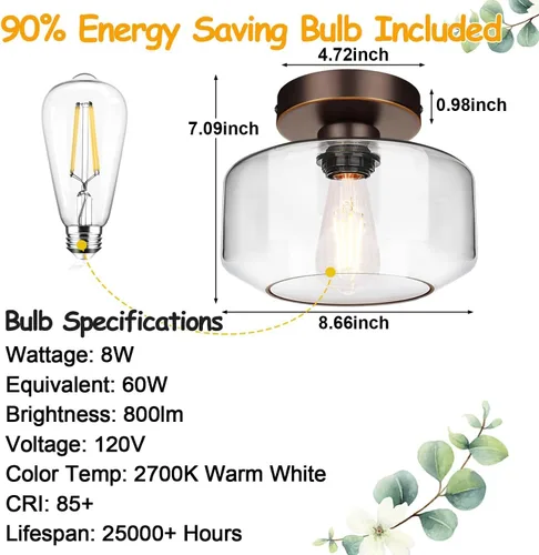 Miniatura 8 de Lámpara de techo industrial semiempotrada de bronce frotado con aceite, bombilla LED de 800 lúmenes incluida, accesorio de lámpara de techo