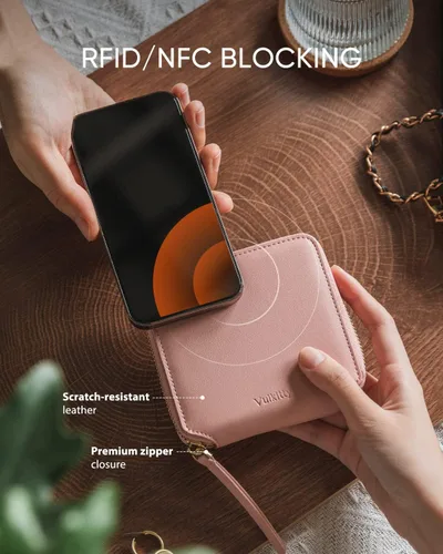 Miniatura 5 de Cartera de piel para mujer, con bloqueo RFID, plegable, delgada, para tarjetas de crédito, con bolsillo con cremallera, Rosado, Classic