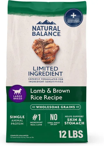 Natural Balance - Comida seca para perros de raza grande con ingredientes limitados, fórmula de granos saludables, cordero y arroz moreno, 12 libras