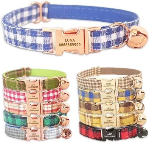 Miniatura 13 de PETDURO Collares de gato a cuadros hechos a mano personalizados con campana y hebilla de metal grabada con nombre personalizado para gatos lindos