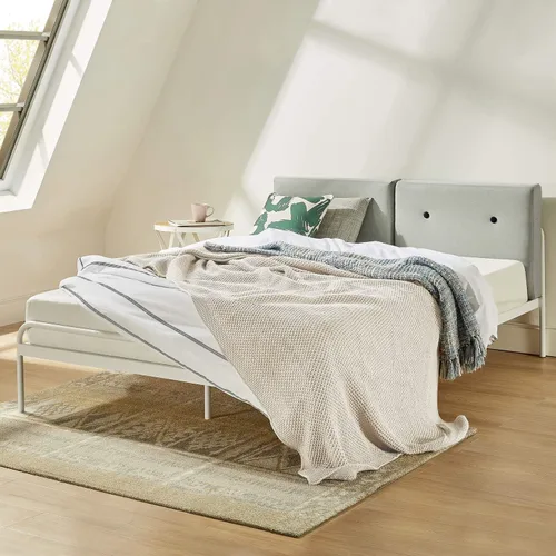 Miniatura 3 de Mellow Maggie - Cama de plataforma de metal con cabecera tapizada con cojín, listones de acero, fácil montaje, gris cielo, tamaño Queen Gris