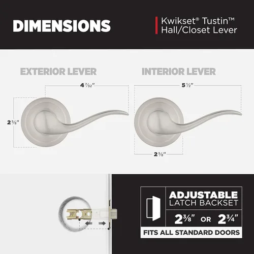 Miniatura 3 de Manija de puerta de paso interior Kwikset Tustin, palanca para puertas de armario y pasillo, manija reversible sin bloqueo, níquel satinado
