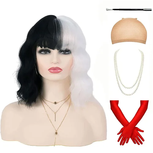 G&T Wig G&T - Pelucas en blanco y negro para mujer, disfraz corto estilo Bob, pelucas rizadas para mujer, longitud al hombro, pelucas sintéticas