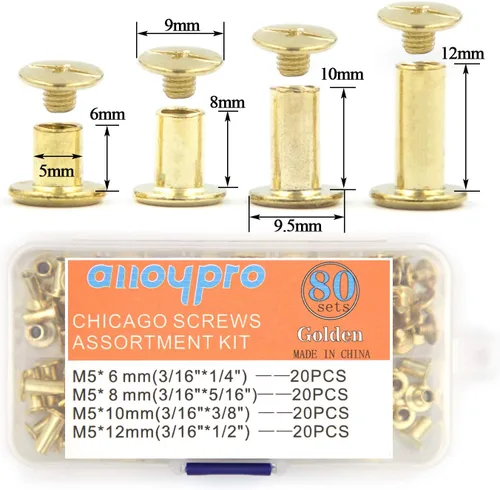 Miniatura 2 de Juego de 80 tornillos Chicago surtidos, 4 tamaños, remaches de cuero dorado de 1/4 5/16 3/8 1/2 remaches de tornillo con cabeza Phillip ranurada