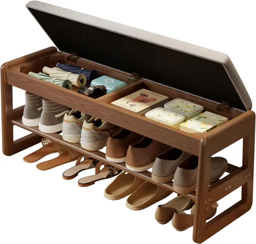 Miniatura 10 de AQIMUELE Banco pequeño para zapatos, banco de zapatos de 2 niveles con almacenamiento con tapa abatible, zapatero de madera para entrada, pasillo
