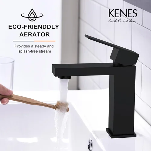 Miniatura 5 de KENES Grifo de lavabo de baño de una sola manija negro mate, grifo de tocador de acero inoxidable para lavabo de baño, con tapón de drenaje