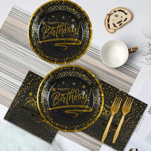 Miniatura 6 de 72 PIEZAS Platos y Servilletas de Feliz Cumpleaños Suministros para Fiestas, Platos y Servilletas de Papel con Puntos Negros y Dorados con Tenedores