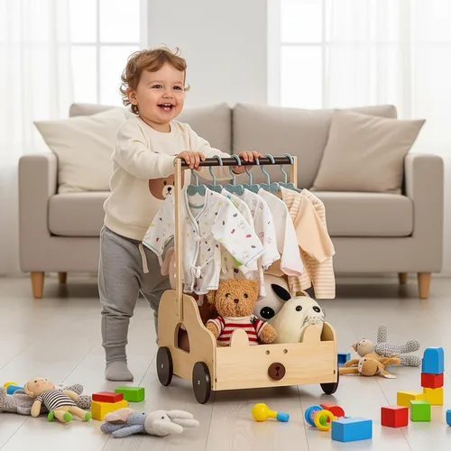 Miniatura 2 de Cesta de madera para baby shower con ruedas de diseño de oso, caja de almacenamiento personalizada con asa, cesta grande de regalo para recién