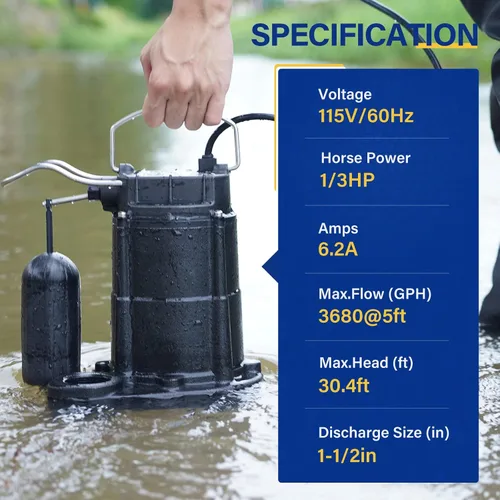 Miniatura 3 de Acquaer Bomba sumergible de aguas residuales/efluentes de 1/3 HP, bomba de sumidero de hierro fundido de 3680 GPH con interruptor de flotador