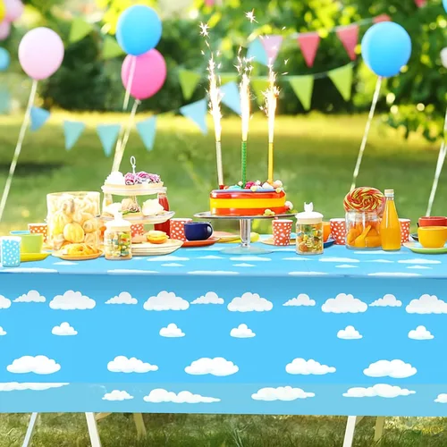 Miniatura 7 de Tatuo 4 piezas de suministros de fiesta de cumpleaños de cielo azul y nubes blancas, mantel de historias de dibujos animados, mantel de mesa