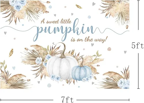 Miniatura 3 de MEHOFOND Telón de fondo bohemio de calabaza pequeña de 7 x 5 pies para niño, baby shower, hojas de otoño, hierba de pampas, hierba de Acción