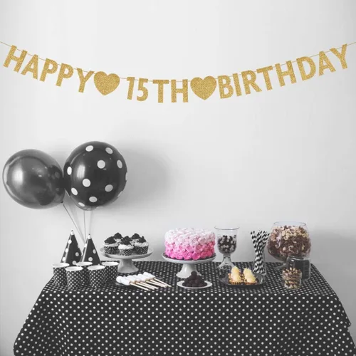 Miniatura 3 de Cartel dorado de feliz cumpleaños número 15, decoración de fiesta de niño o niña de 15 años, suministros