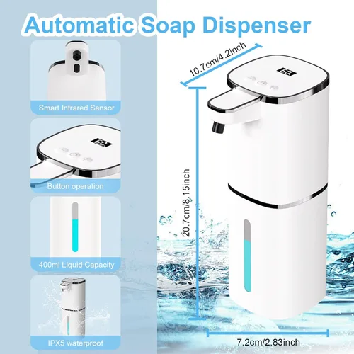 Miniatura 2 de OHIFAST Dispensador automático de jabón espumoso sin contacto, dispensador de jabón de manos inteligente recargable por USB, 9 niveles ajustables