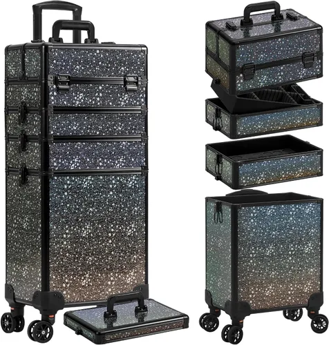 AROUS Estuche de Maquillaje Rodante 5 en 1, Estuche de Cosmetología con Ruedas, Organizador de Cosméticos Grande, Carro de Viaje para Peluquero,