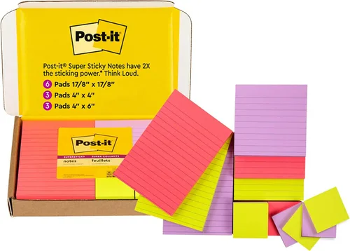 Post-it Notas súper adhesivas, colección de colores brillantes (rosa, morado, verde), 12 blocs por paquete, 90 hojas/bloc, tamaños surtidos