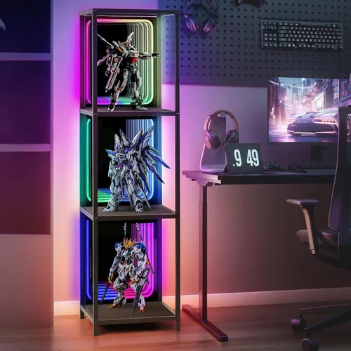 Miniatura 5 de FUSLITE Armario de almacenamiento de 3 niveles con luz LED de espejo infinito, vitrina RGBW con temperatura de color ajustable para dormitorio