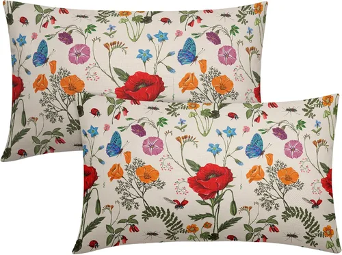 Miniatura 26 de Juego de 2 fundas de almohada de primavera de 16 x 16 pulgadas, diseño de conejo, flores rosas, hojas verdes salvia, plantas botánicas vintage