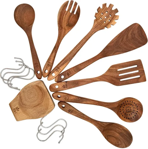 Miniatura 5 de R&C Juego de utensilios de cocina de madera, 9 piezas, herramientas de cocina de teca con soporte y ganchos, antiadherentes, resistentes al calor