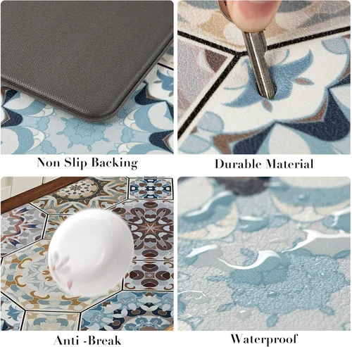 Miniatura 5 de Juego de 2 alfombras de cocina, acolchadas y antifatiga, de PVC, antideslizantes, impermeables, cómodas, de pie, para fregadero, lavandería de 17 x