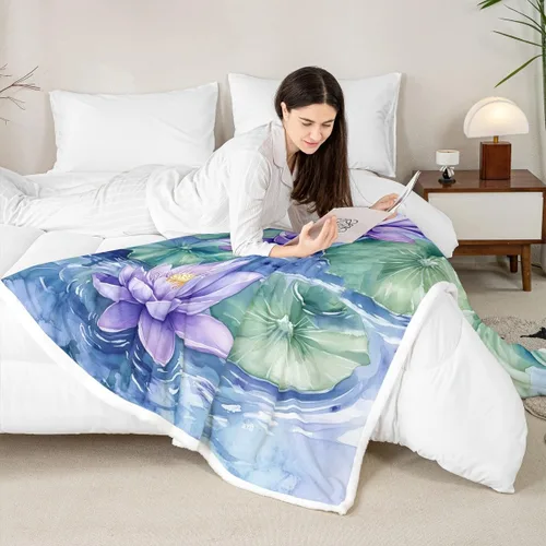 Miniatura 4 de Manfei Manta de flores de loto morado, manta de cama bohemia con libélula para niños, niñas, adultos, manta floral de acuarela para sofá, manta
