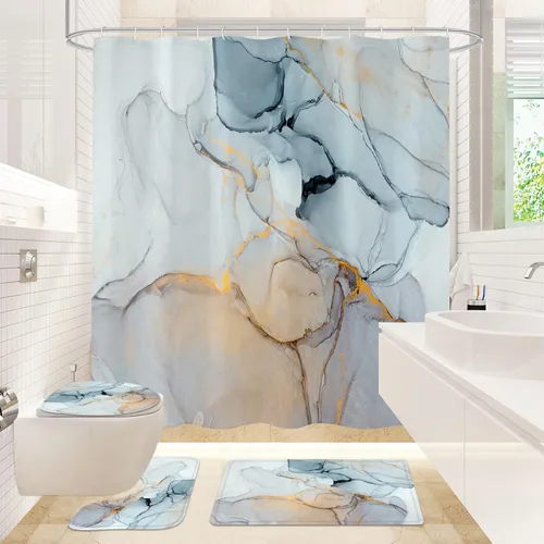 Miniatura 12 de Gibelle Juego de 4 cortinas de ducha de baño con alfombras antideslizantes, cubierta para tapa de inodoro y tapete de baño, juego de decoración