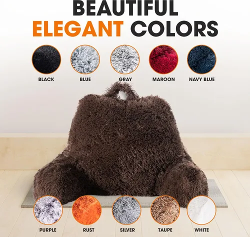 Miniatura 6 de Cheer Collection Silla de almohada de lectura esponjosa, almohada para silla de pelo lanudo con brazos para cama y sofá, color chocolate