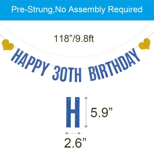 Miniatura 2 de Betteryanzi - Cartel de feliz cumpleaños 30, pre-encordado, guirnalda de papel con purpurina azul para suministros de decoración de fiesta