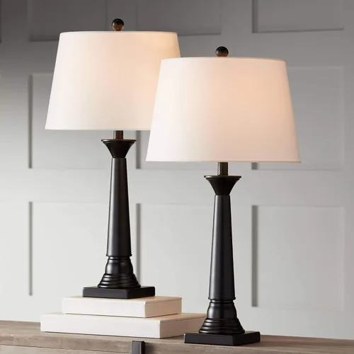 Miniatura 2 de 360 Lighting Dolbey - Juego de 2 lámparas de mesa rústicas de granja de 28 pulgadas de alto, columna cónica de bronce profundo, pantalla de tambor