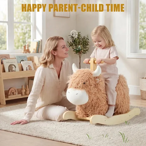 Miniatura 7 de Caballo mecedora bebé para 1 año de edad, caballo de madera de vaca/yak con balanceo con caña y peluche de madera, juguete de montar para niñas