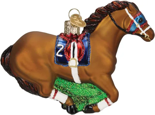 Miniatura 2 de Old World Christmas Adorno de cristal soplado de caballo de carreras para árbol de Navidad, decoración navideña artesanal, colección de caballos