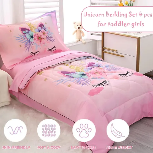 Miniatura 8 de KINBEDY Juego de ropa de cama para niños pequeños, 4 piezas, juego de ropa de cama de unicornio rosa para niñas, suave y lindo diseño floral, juego