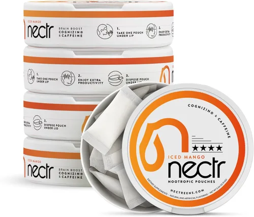 Miniatura 9 de Nectr Bolsas nootrópicas energéticas, con sabor a mango helado, bolsas de cafeína con citicolina Cognizin®. Golosinas cerebrales sin azúcar. Enfoque