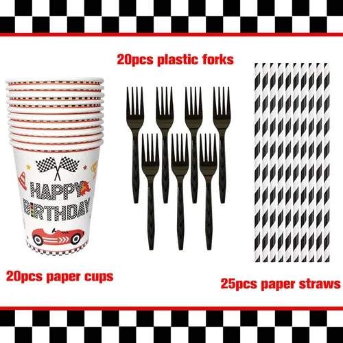 Miniatura 6 de 126 piezas de decoración de fiesta de segundo cumpleaños de coche de carreras, blanco y negro, dos platos de postre rápidos, servilletas, tazas