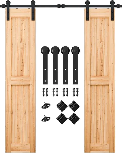Miniatura 12 de SMARTSTANDARD Kit de herrajes para puerta corrediza de granero de doble puerta resistente de 5 pies, suave y silencioso, fácil de instalar, incluye