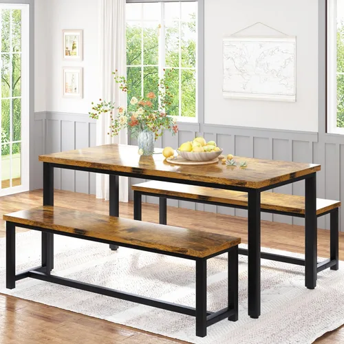 Miniatura 10 de Recaceik Juego de mesa de comedor de 47 pulgadas para 4, mesa de cocina de 3 piezas con 2 bancos, juego de mesa y sillas de cocina de madera, juego