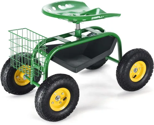Miniatura 4 de Giantex Asiento de trabajo de jardín rodante, asiento de trabajo de jardinería giratorio 360 con ruedas, cesta de herramientas, altura ajustable