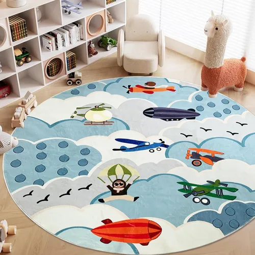 Miniatura 9 de ABREEZE Alfombra de juego de lana sintética para niños, 4 pies, alfombra redonda de animales, alfombra de felpa suave antideslizante para León