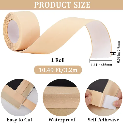 Miniatura 2 de CRASPIRE Cinta selladora de calafateo de 1.4 pulgadas x 10.5 pies, de PVC, color beige, autoadhesiva, impermeable, sellador de calafatas, moldura