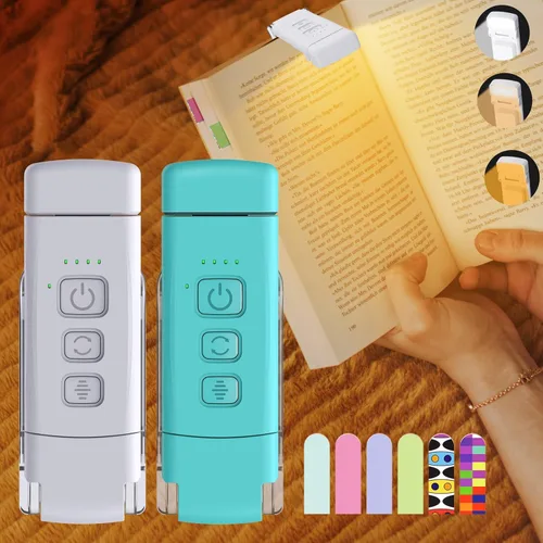 Paquete de 2 luces de libro para leer por la noche, luz recargable por USB para leer en la cama, luz de lectura LED portátil con clip, temporizador