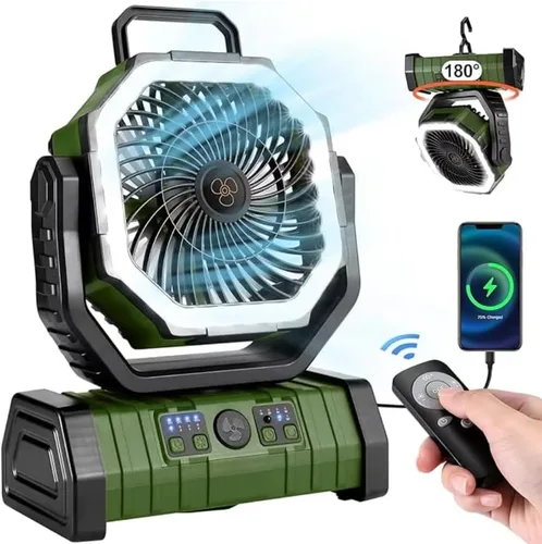 Miniatura 2 de Ventilador de exterior F6 – ventiladores portátiles personales recargables con luz LED y control remoto – ventilador de viaje plegable (verde)