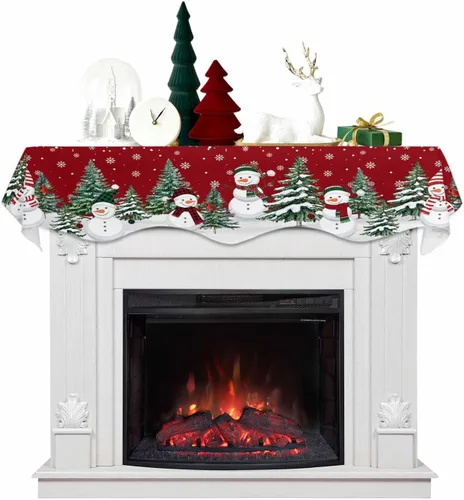 Miniatura 14 de Mantel con diseño de copo de nieve azul para chimenea de Navidad, bufanda para repisa, estola para estantes, renos, alces, nieve, bosque, cubierta