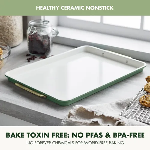 Miniatura 2 de GreenPan Bakeware - Bandeja cuarto de hoja de 13" x 9" pulgadas, bandeja antiadherente de cerámica para hornear, libre de PFAS y BPA, asas doradas