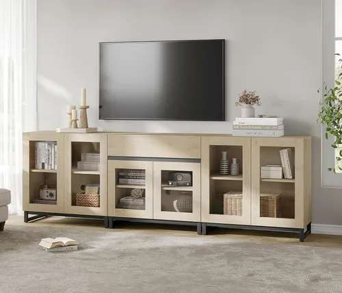 Miniatura 12 de WAMPAT Soporte de TV 3 en 1 para televisores de hasta 100 pulgadas, moderno centro de entretenimiento con puertas de vidrio y cajón, consola de TV