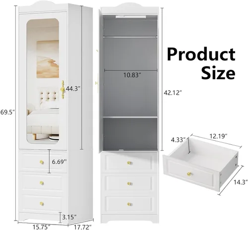 Miniatura 2 de Armario de Clóset, Armarios de Dormitorio Blancos con Puerta de Espejo y 6 Cajones, Armario de Almacenamiento de Ropa de 15.7" de Ancho/69.5