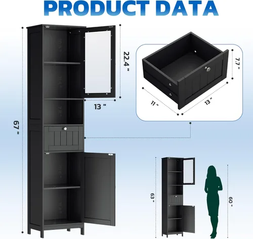 Miniatura 3 de INTERGREAT 67" Tall Bathroom Cabinet, Storage Cabinet with 2 Doors & 1 Drawer, Bathroom Storage Cabinets with Adjustable Shelves, for Living Room