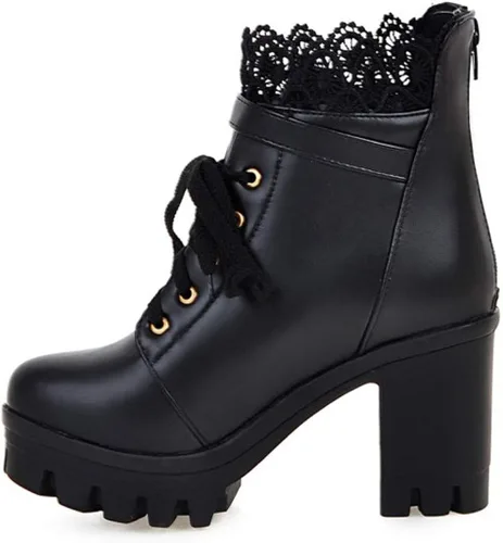 Miniatura 7 de Hbeylia Botas de combate de plataforma para mujer botas de cuero con encaje grueso botines de cuero gótico antideslizantes tacones altos botas