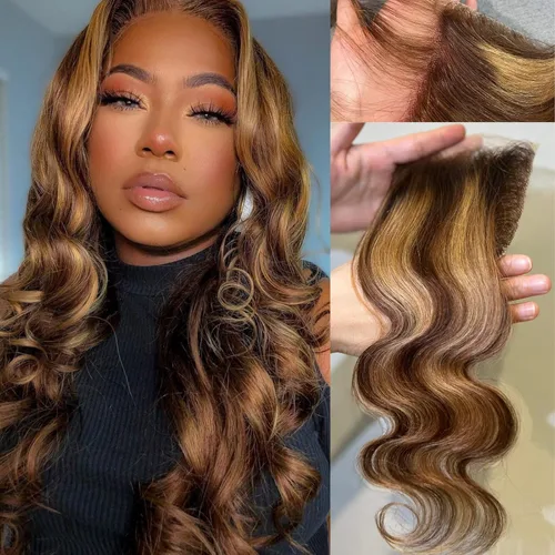 ALHER - Extensiones de cabello Honey Blonde Highlight Ombre 4/27, onda corporal, cierre 4x4, color ombré marrón, ondulado, raya libre, cierre de