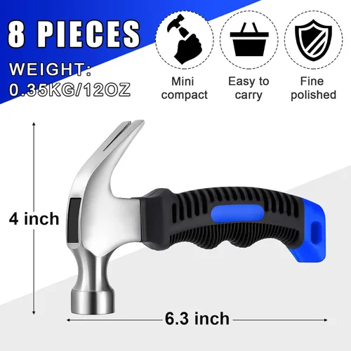 Miniatura 2 de 8 martillos pequeños de 12 onzas para niños, mujeres y hombres, martillos ligeros de garra derretida a granel con clavos de hardware para colgar