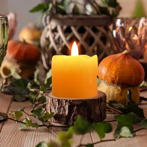 Miniatura 7 de Eywamage Velas votivas sin llama de cera de goteo naranja con pilas remotas, velas LED pequeñas de 2 x 2 pulgadas, juego de 6