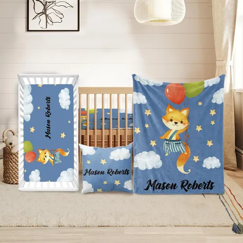 Miniatura 19 de Juego de ropa de cuna personalizado Duckbe - Diseño de oso con nombre personalizado para guardería de bebé, juego de 3 piezas - Manta suave